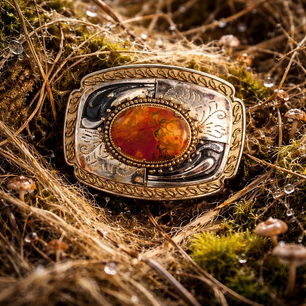 Western Style Belt Buckle with Large Amber Stone – Vintage Gold & Silver Tone St
